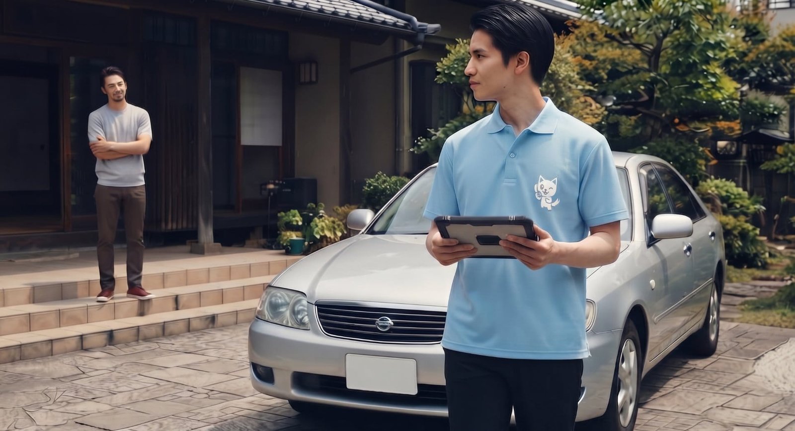 自動車・バイク・原付買取 — スタッフがタブレットで自宅前の車両を査定している様子