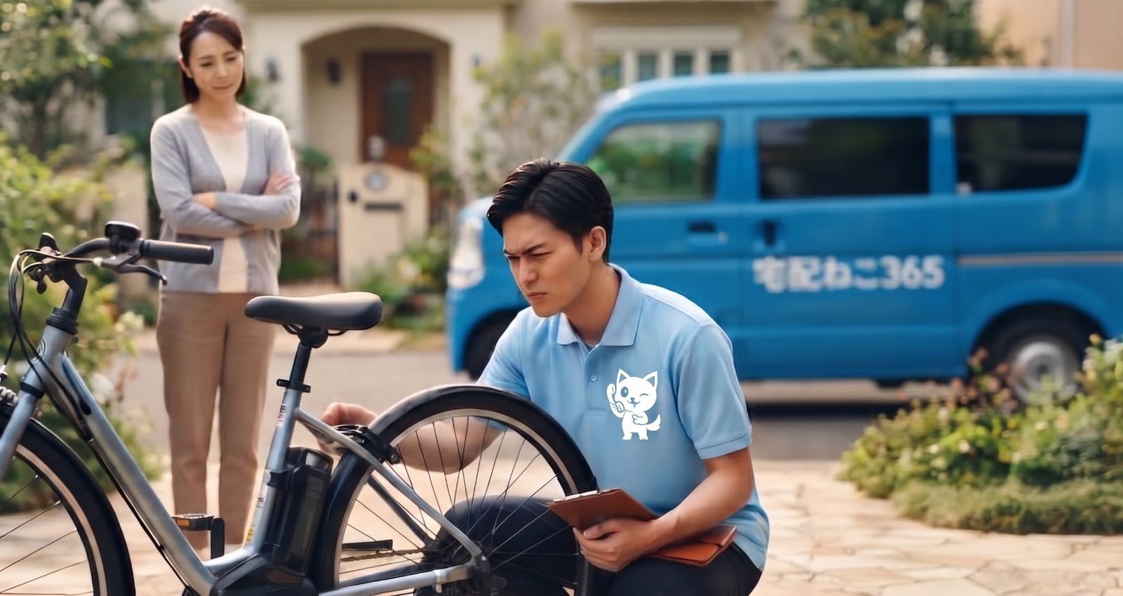 自転車回収・買取 — スタッフが電動アシスト自転車を査定している様子