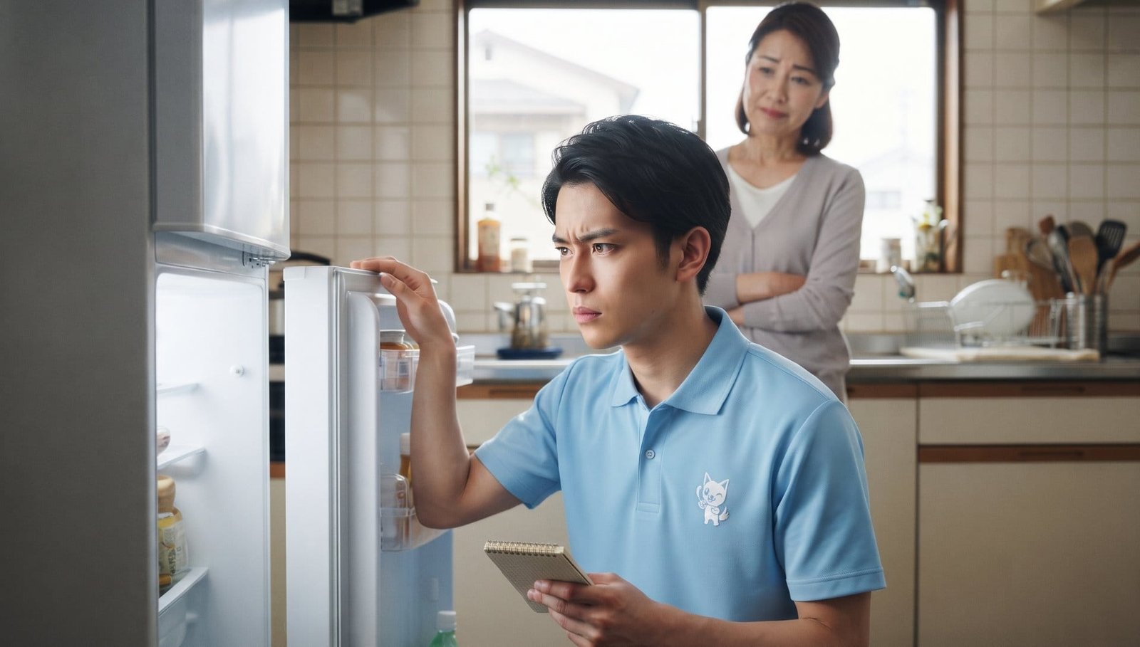 家電買取・冷蔵庫・洗濯機 — スタッフが冷蔵庫の内部状態を確認している様子